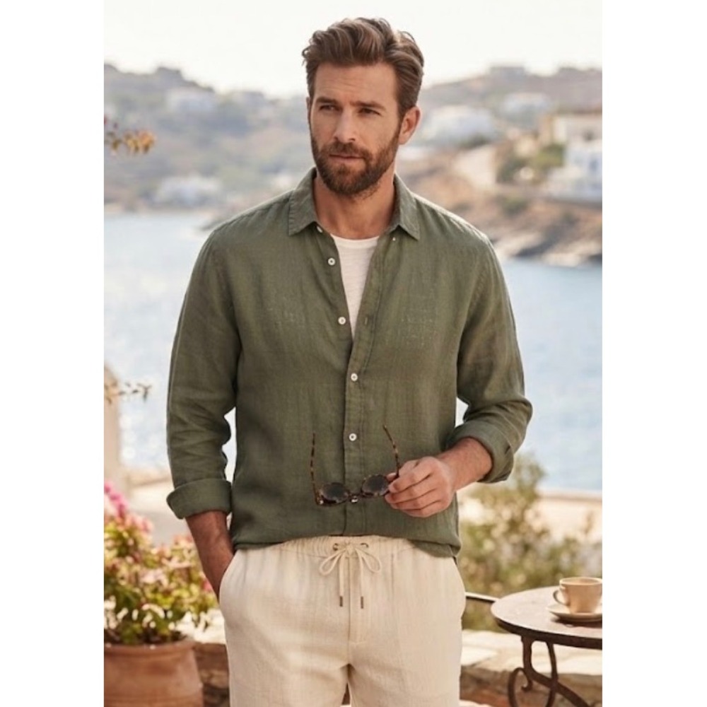 Puro Lino Mens XL 100% Linen Button Down Shirt Olive Green Italy Long Sleeve
